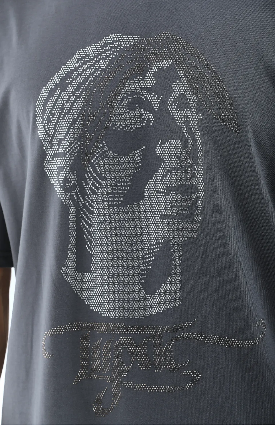 Unisex Oversize Taşlı Bisiklet Yaka T-Shirt - Füme