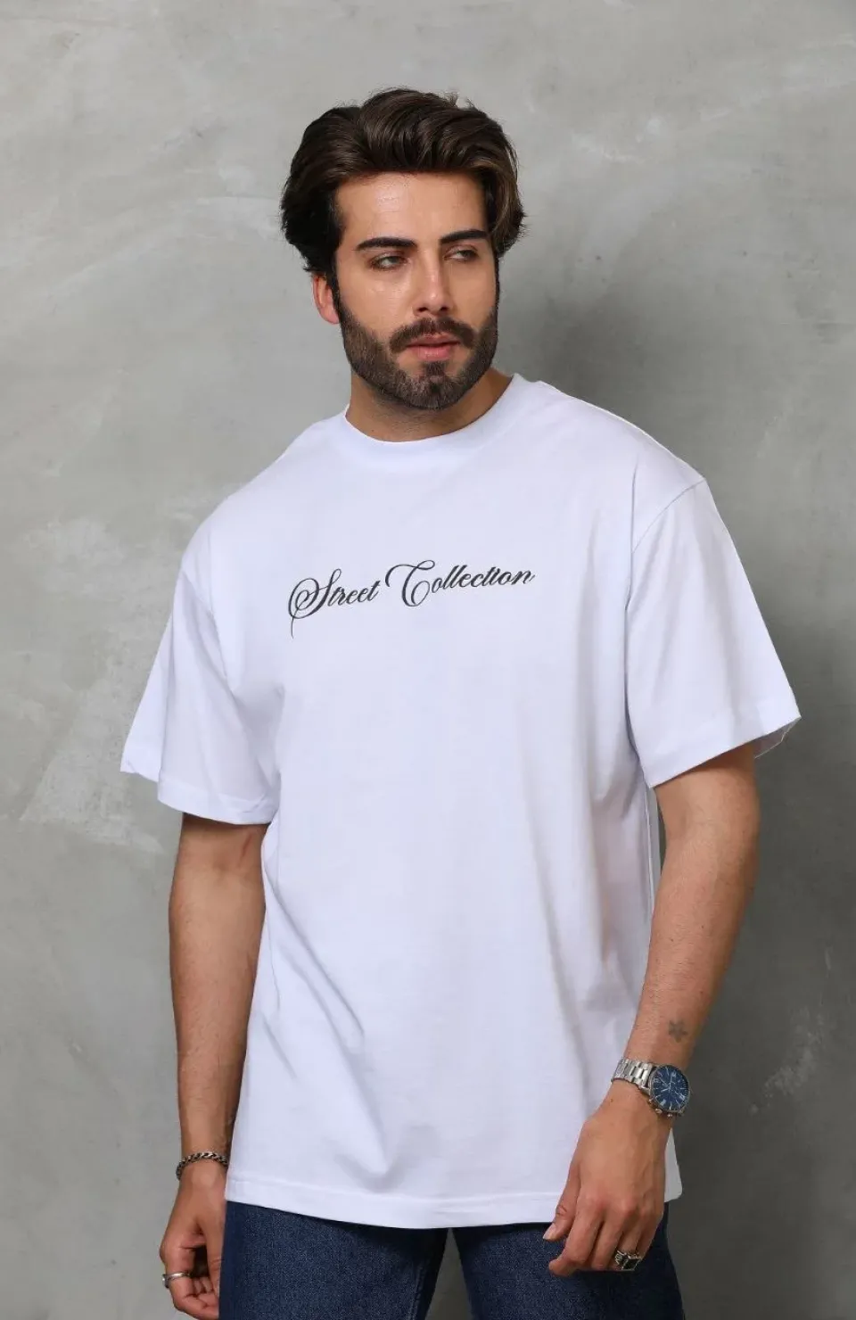 Unisex Bisiklet Yaka Baskılı Oversize T-Shirt - Beyaz Somersan Giyim | Kadın, Erkek ve Çocuk Moda