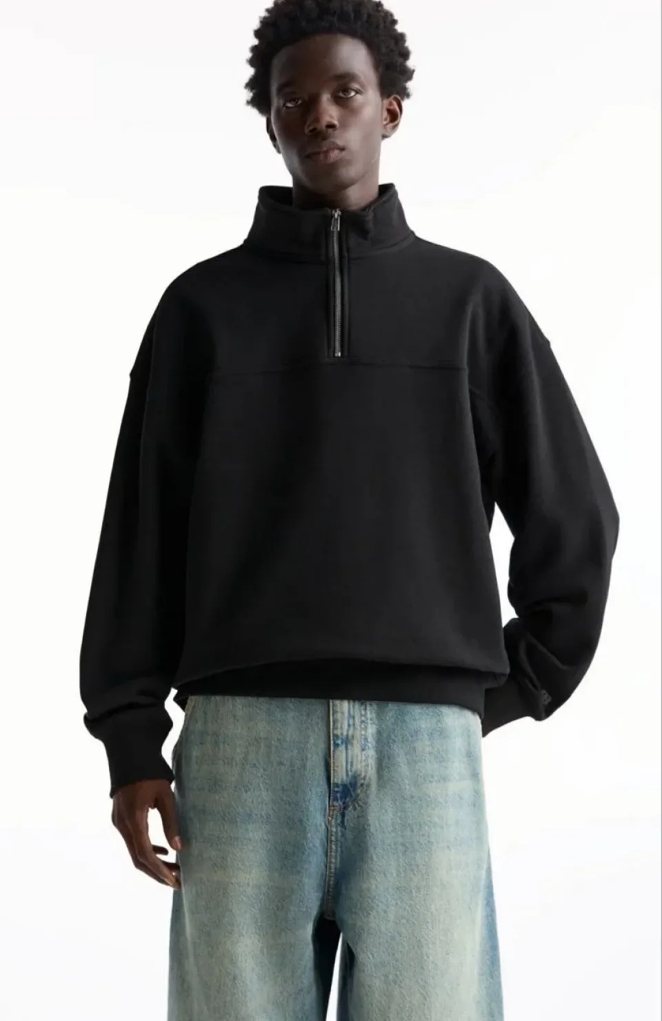 Oversize Yarım Farmuarlı Yakalı Basic SweatShirt - Siyah