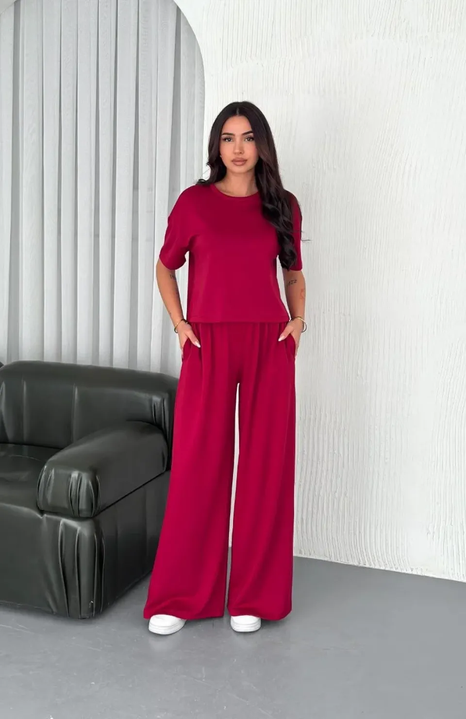 Osy Modal Yumuşak Dokulu Kumaş Bisiklet Yaka T-shirt Bol paça Pantalon ikili Takım -Bordo