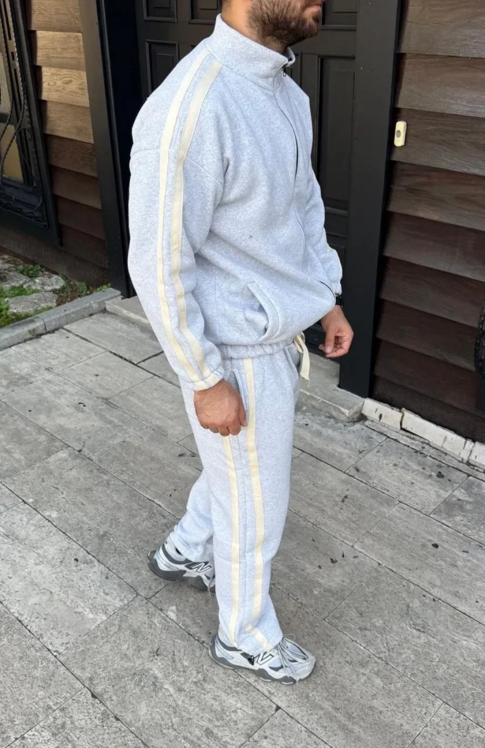 Erkek Çift Şeritli Eşofman Takım Dik Yaka Fermuarlı Sweatshirt Boru Paça Alt, Oversize 3 iplik Pamuklu - Gri