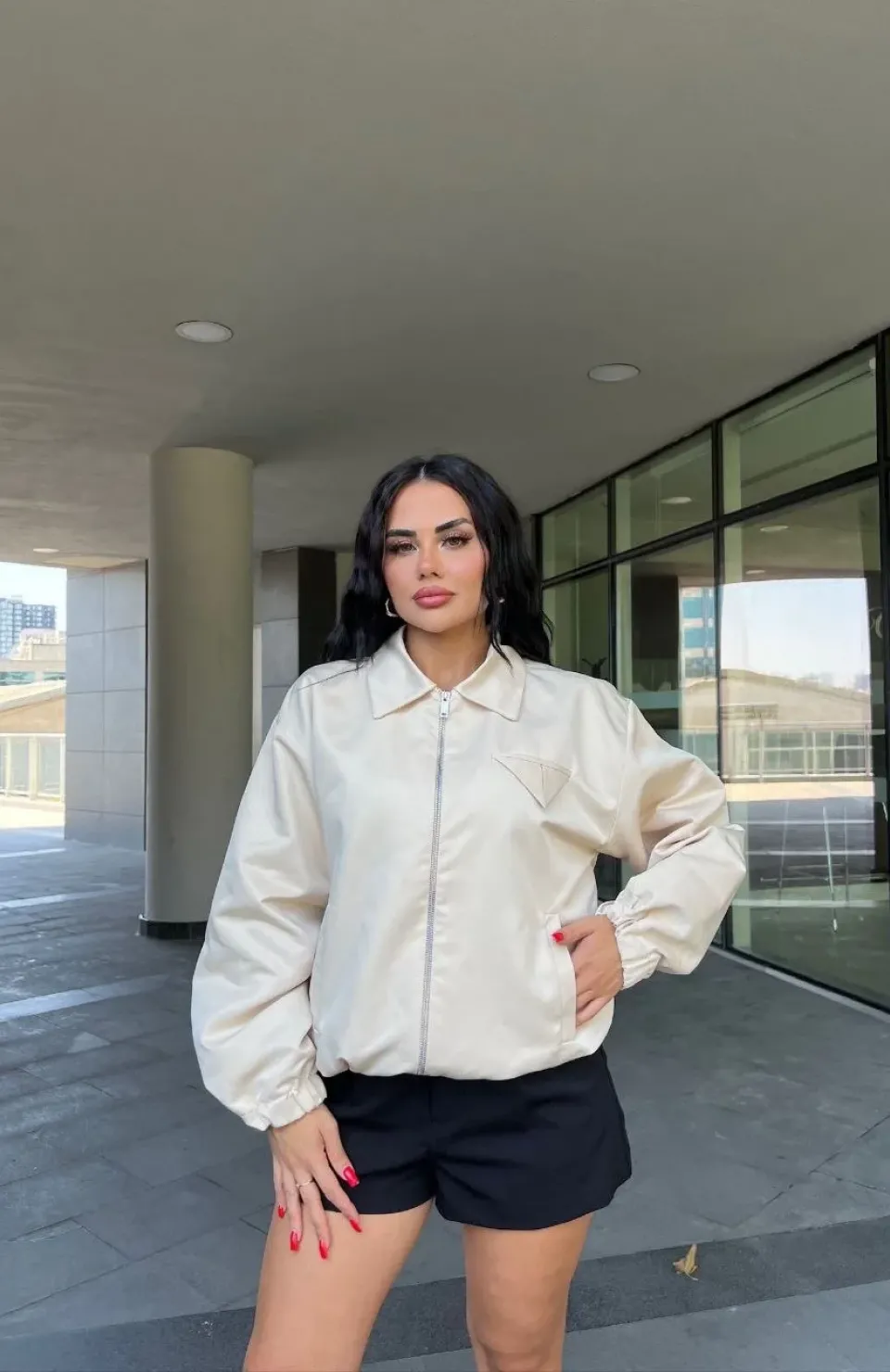 Fermuarlı Gömlek Yaka Bomber Ceket - Beyaz