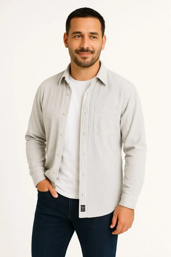 Erkek Fitilli Kadife Cepli Gömlek Oversize Rahat Kalıp - Gri