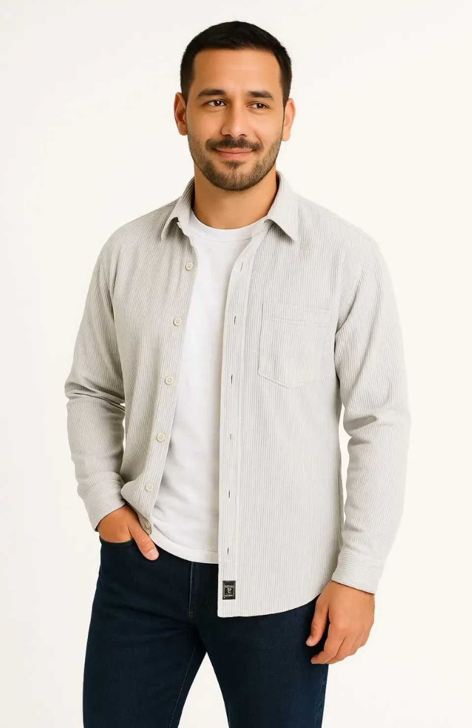 Erkek Fitilli Kadife Cepli Gömlek Oversize Rahat Kalıp - Gri