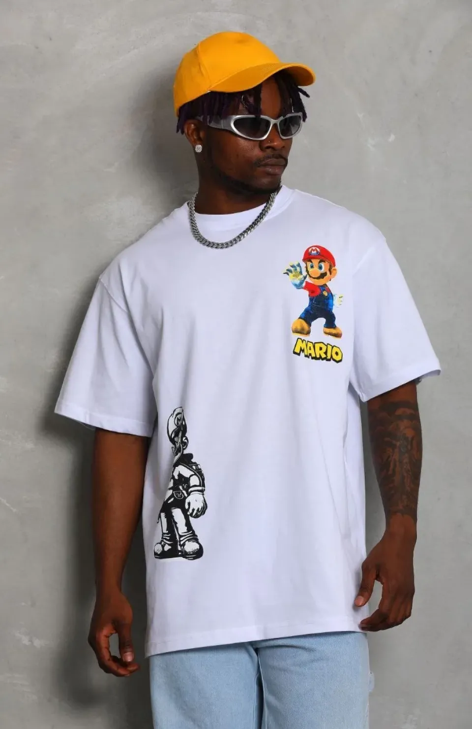 Unisex Oversize Baskılı Bisiklet Yaka T-Shirt - Beyaz