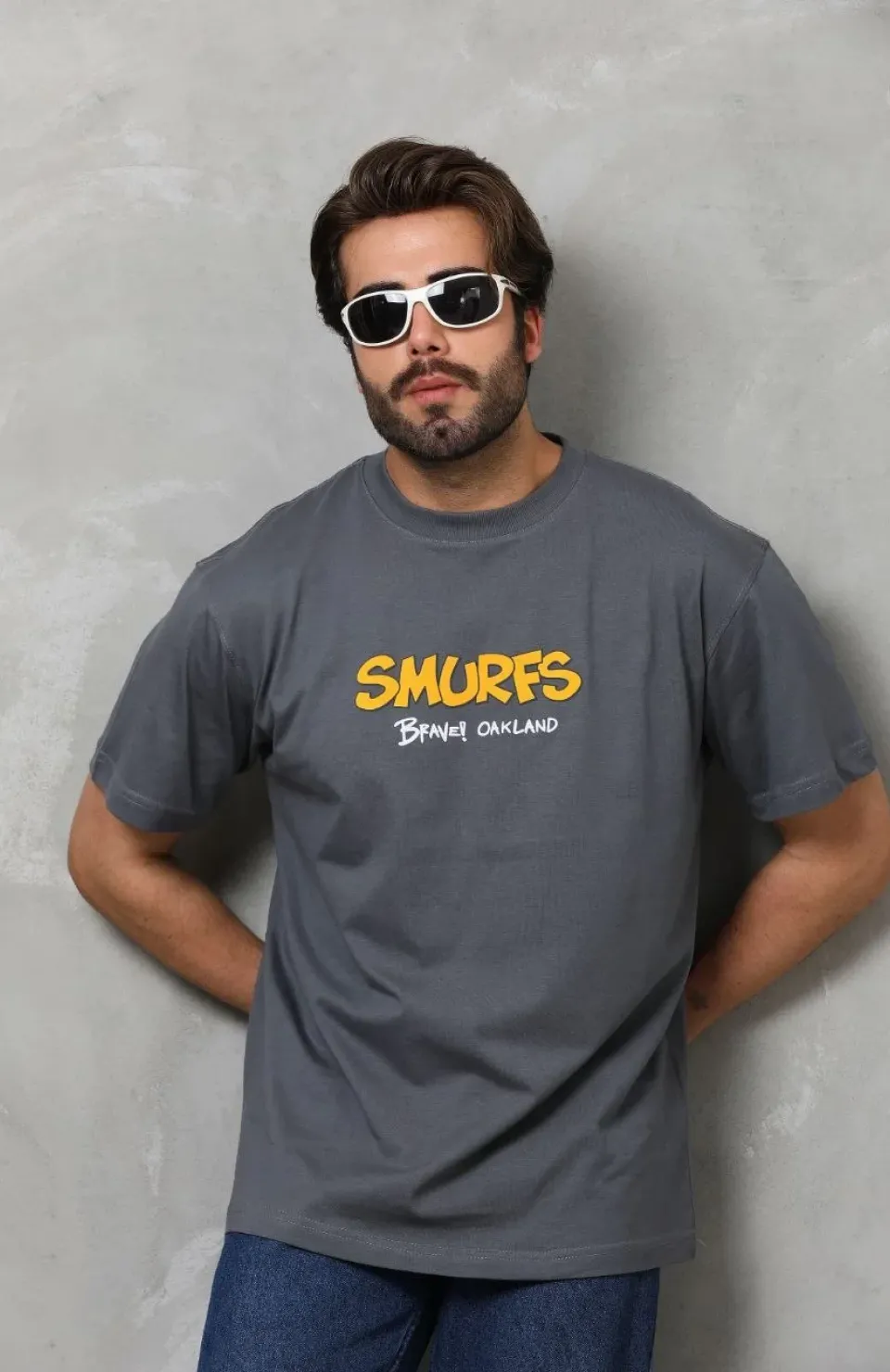 Unisex Basic Bisiklet Yaka Oversize T-Shirt - Füme