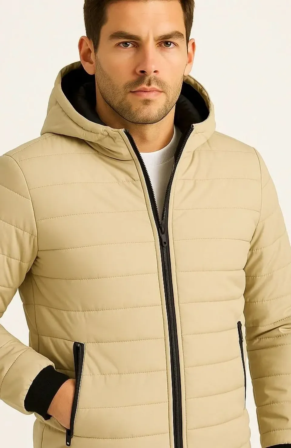 Erkek Şişme Kapüşonlu Fermuarlı Mont Su itici Kapitone Astarlı Kumaş Cepli Kışlık Rahat Kalıp - Bej Somersan Giyim | Kadın, Erkek ve Çocuk Moda