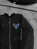 Unisex Siyah Bomber Ceket – Fermuarlı, Cepli, Kapitone Astarlı, Sevimli Stitch Baskılı Günlük Rahat Mont - Siyah