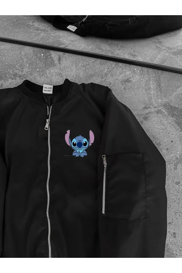 Unisex Siyah Bomber Ceket – Fermuarlı, Cepli, Kapitone Astarlı, Sevimli Stitch Baskılı Günlük Rahat Mont - Siyah