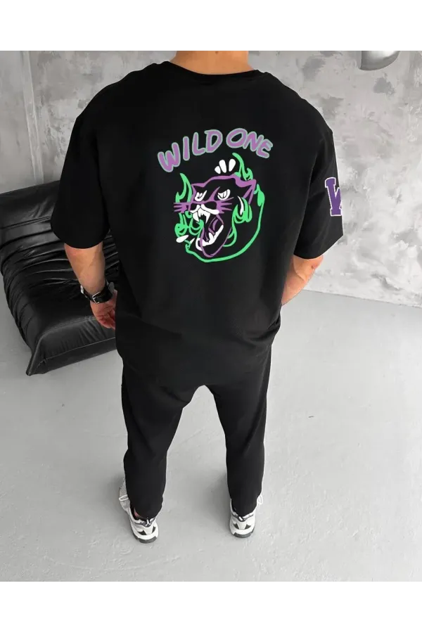 Unisex Bisiklet Yaka Baskılı Oversize T-Shirt - Siyah