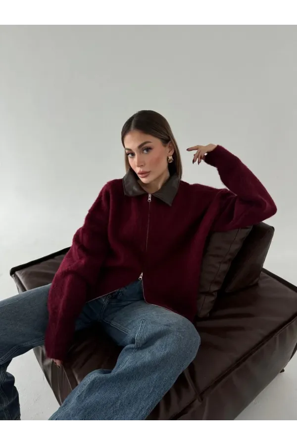 Deri Yakalı Pamuk dokulu Çift Taraflı Çalışan Fermuar Ceket - Bordo