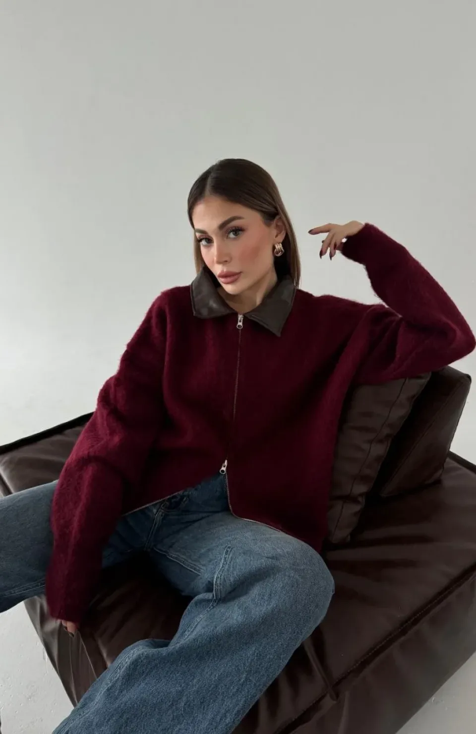 Deri Yakalı Pamuk dokulu Çift Taraflı Çalışan Fermuar Ceket - Bordo