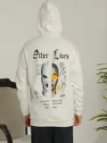 Erkek Oversize Üç İplik Şardonlu Kapüşonlu Sweatshirt – Beyaz “Other Lives” Ön ve Arka Baskılı, Kanguru Cepli, Ribanalı Rahat Kışlık Model Beyaz