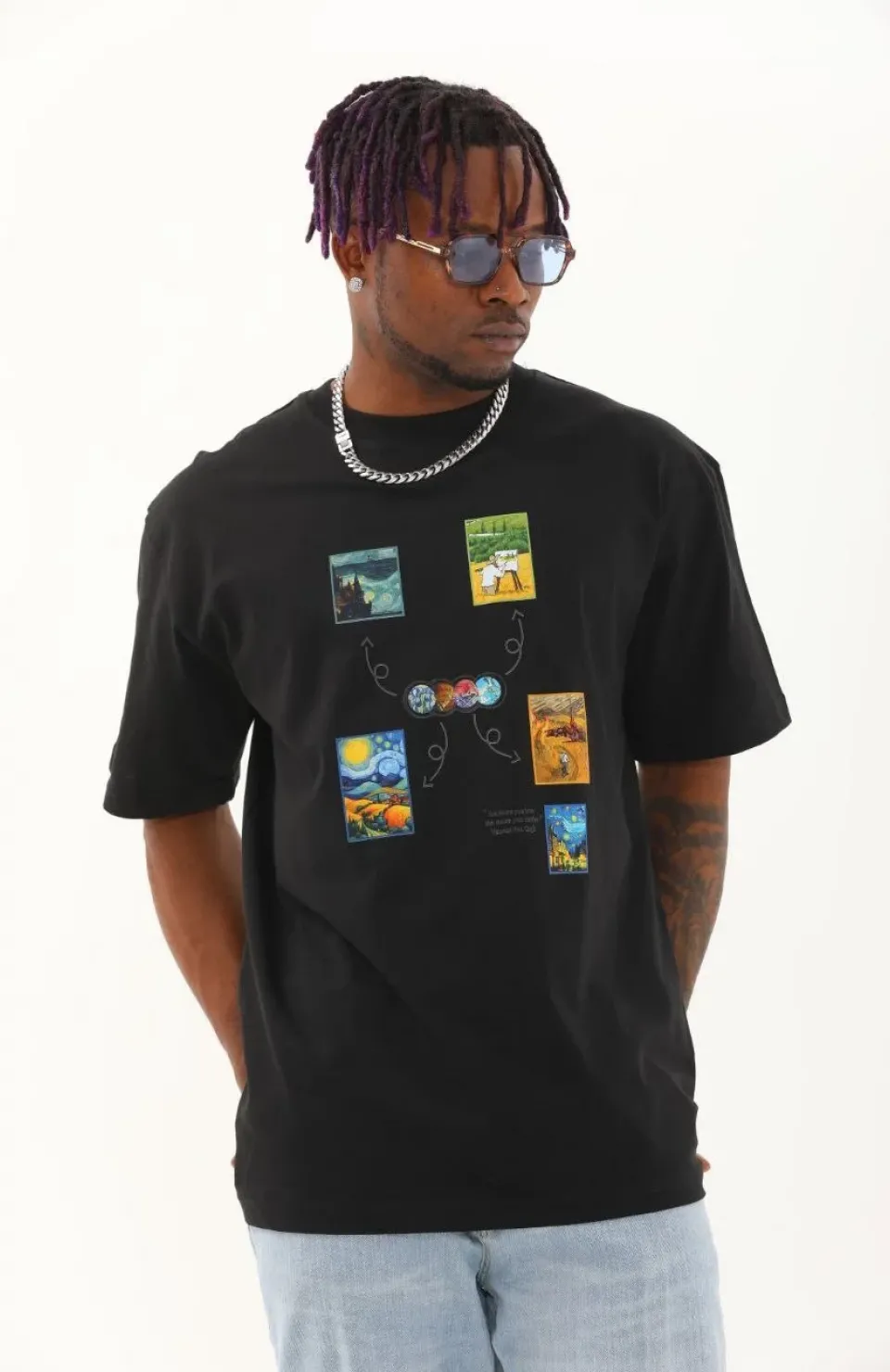 Unisex Oversize Baskılı Bisiklet Yaka T-Shirt - Siyah