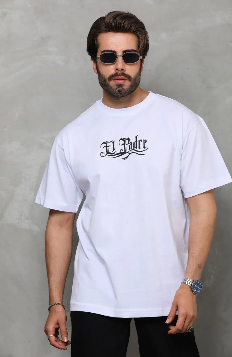 Unisex Bisiklet Yaka Baskılı Oversize T-Shirt - Beyaz