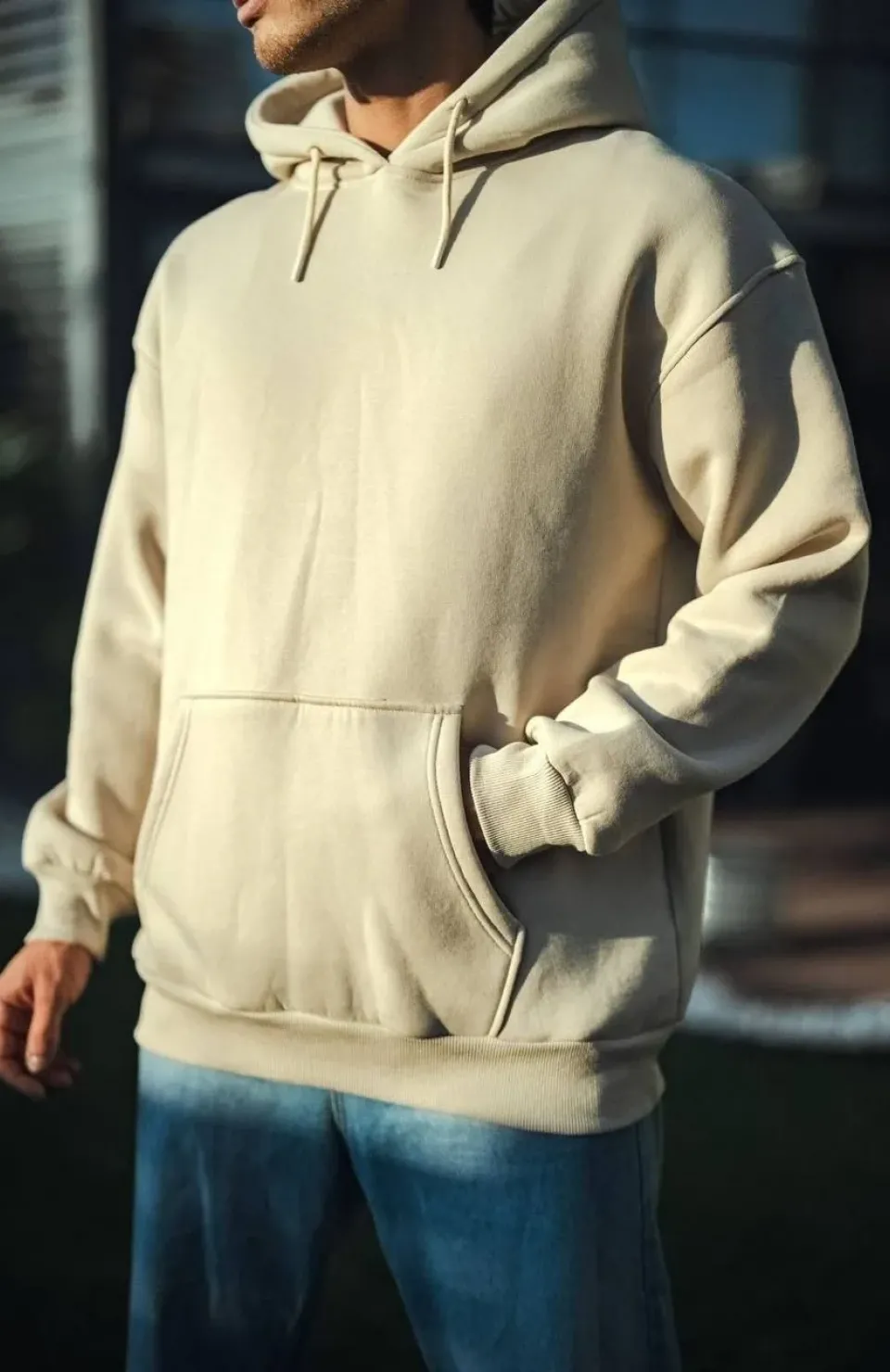 Üç İplik Penye Kapşonlu Basic SweatShirt - Bej