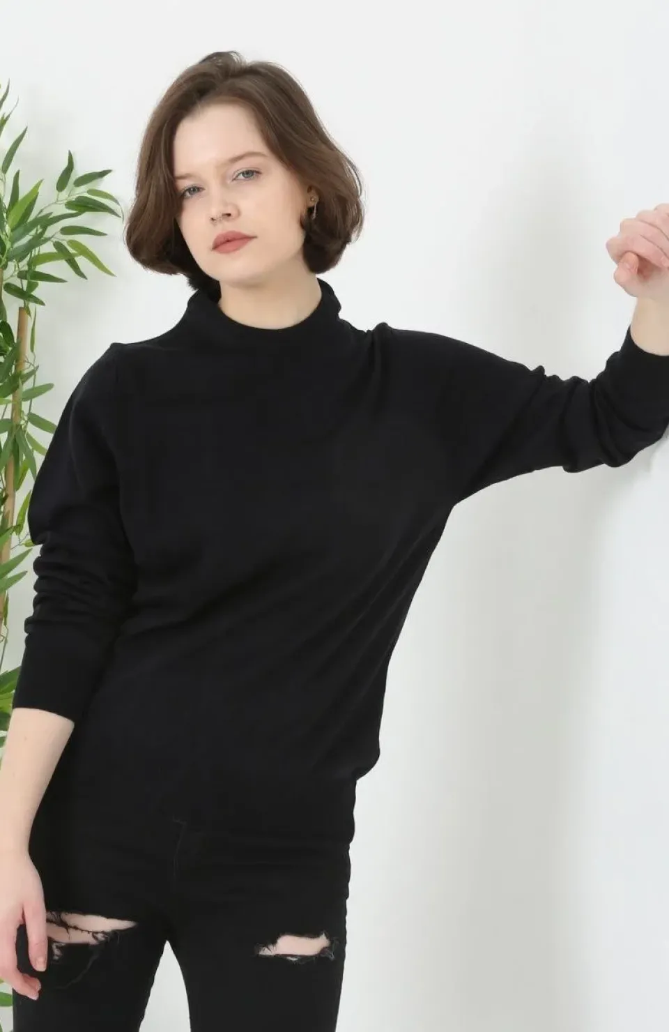 Unisex Uzun Kol Biskilet Yaka Dokuma Triko - Siyah