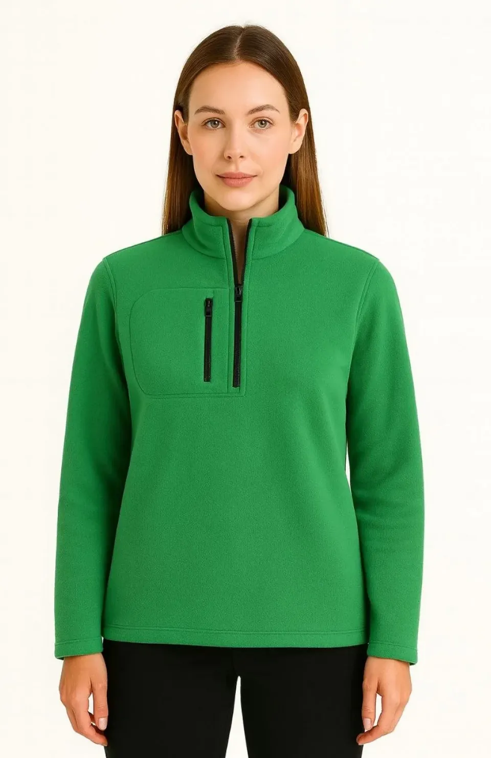 Kadın Polar Kazak – Dik Yaka, Yarım Fermuarlı, Fermuarlı Göğüs Cepli, Siyah Biyeli, Kışlık Rahat Regular Fit Günlük Model - Yeşil