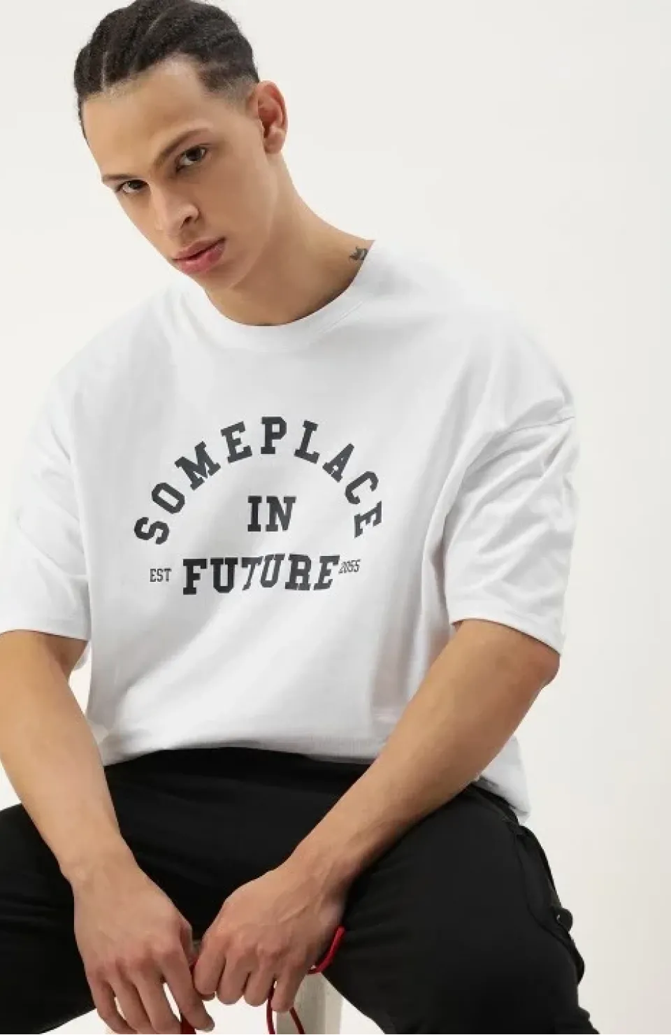 Erkek Baskılı Oversize T-shirt - Beyaz