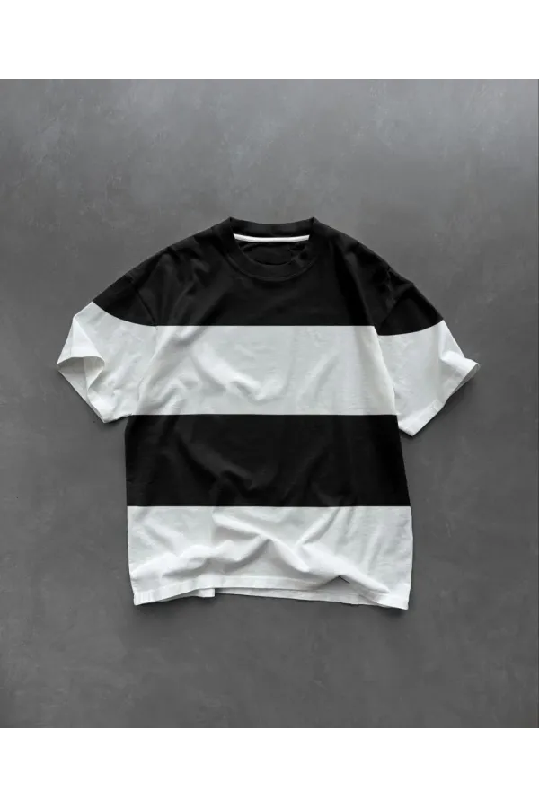 Unisex Bisiklet Yaka Parçalı T-Shirt - Siyah