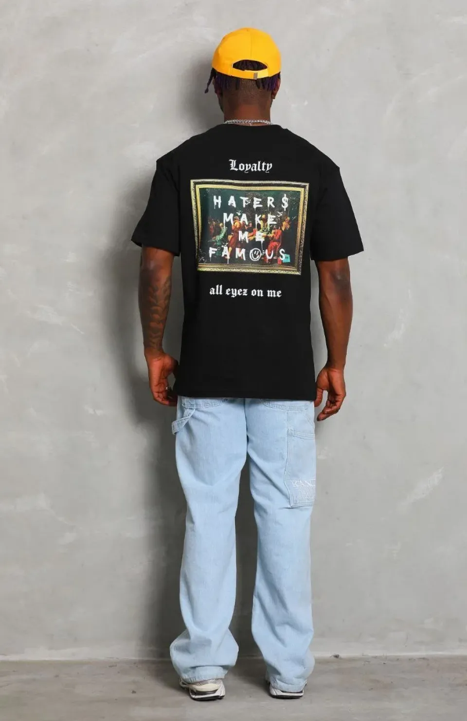 Unisex Oversize Baskılı Bisiklet Yaka T-Shirt - Siyah