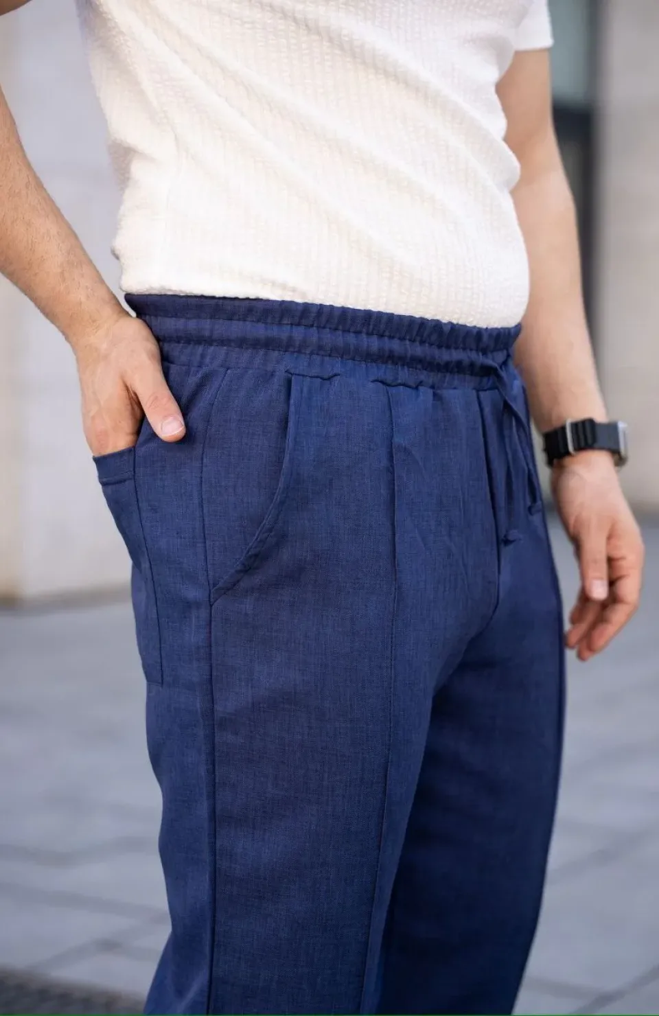 Erkek Keten Cepli Çıma Dikişli jogger Buggy Pantalon Rahat kalıp - Lacivert