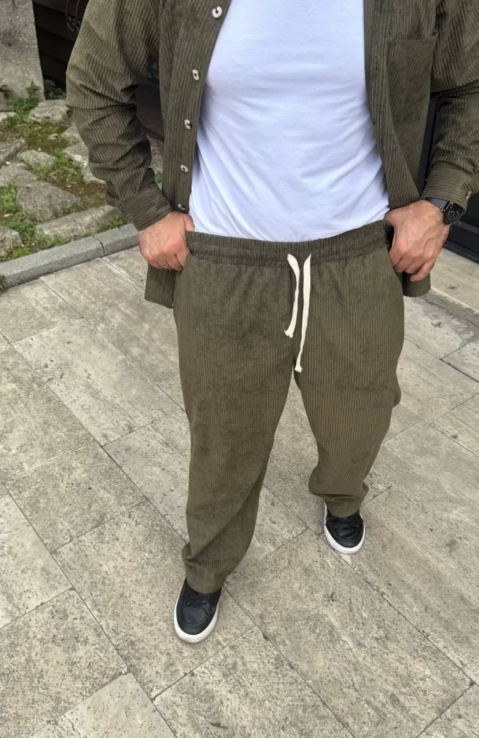 Erkek Fitilli Kadife Cepli Buggy Pantolon Oversize Rahat Kalıp - Haki