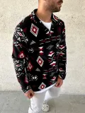 Erkek Yarım Fermuarlı Desenli Polar Sweat Tribal Etnik Desen Yakalı, Uzun Kollu, Oversize Rahat Kalıp, - Siyah
