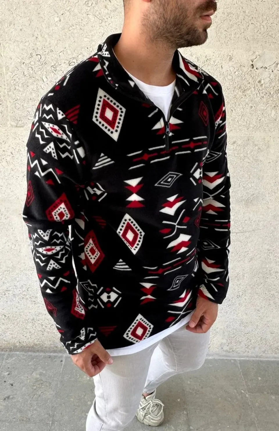 Erkek Yarım Fermuarlı Desenli Polar Sweat Tribal Etnik Desen Yakalı, Uzun Kollu, Oversize Rahat Kalıp, - Siyah