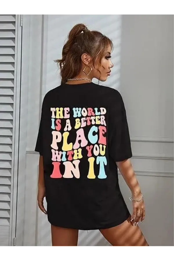 Kadın Bisiklet Yaka Baskılı T-shirt - Siyah