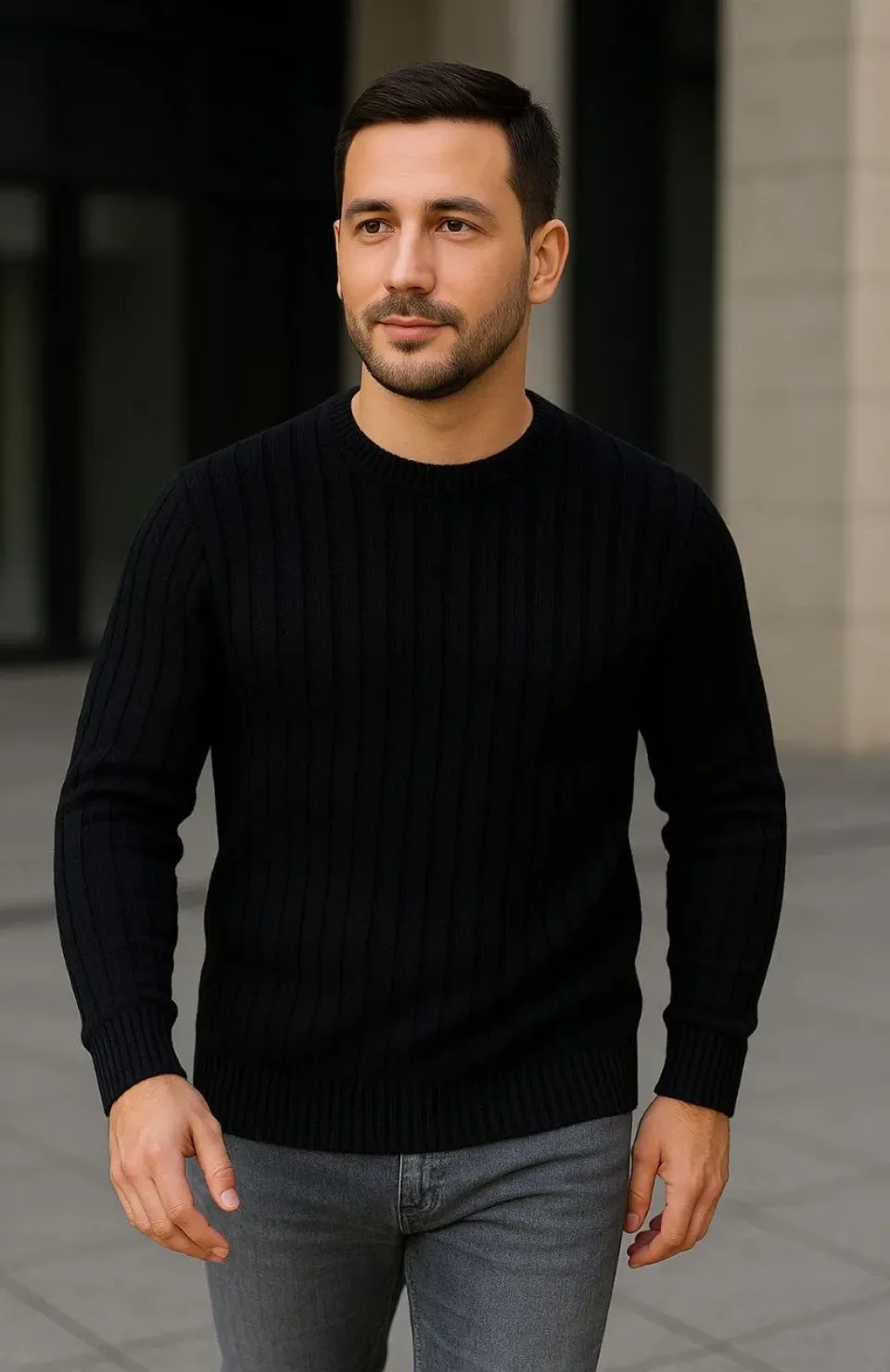 Erkek Bisiklet Yuvarlak Yaka Triko Kazak Pamuklu Kalın Fitilli Dokuma, Regular Fit Uzun Kollu Kışlık Model - Siyah