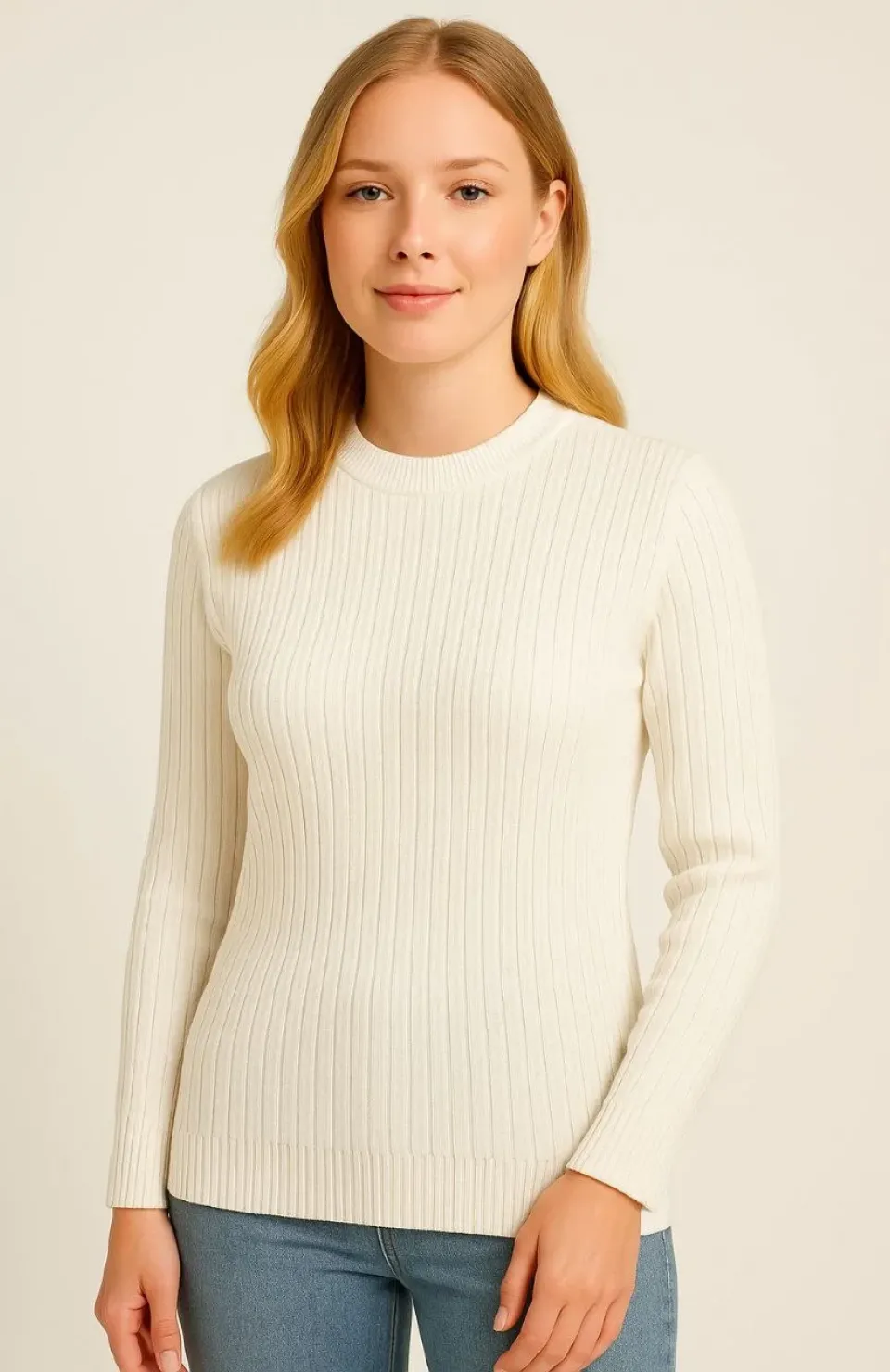 Kadın Bisiklet Yuvarlak Yaka Triko Kazak Pamuklu Kalın Fitilli Dokuma, Regular Fit Uzun Kollu Kışlık Model - Beyaz