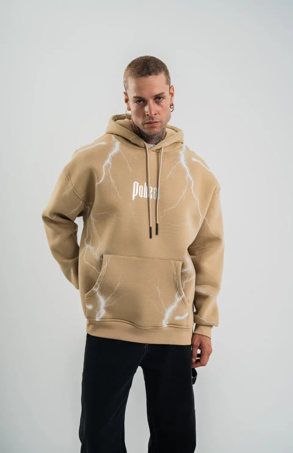 Double Oversize Kapşonlu Şimşek Pano Baskılı SweatShirt - Bej