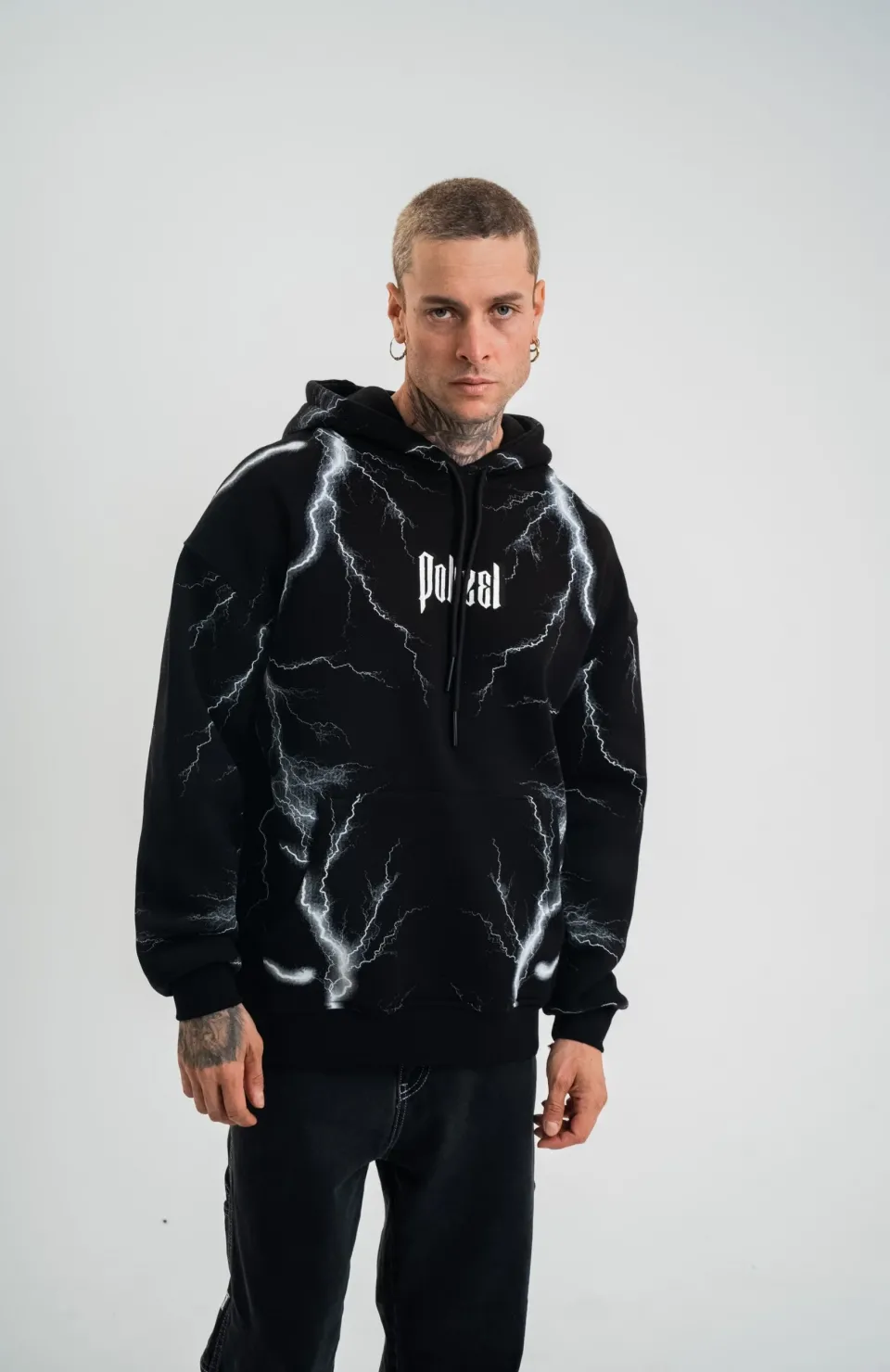 Double Oversize Kapşonlu Şimşek Pano Baskılı SweatShirt - Siyah