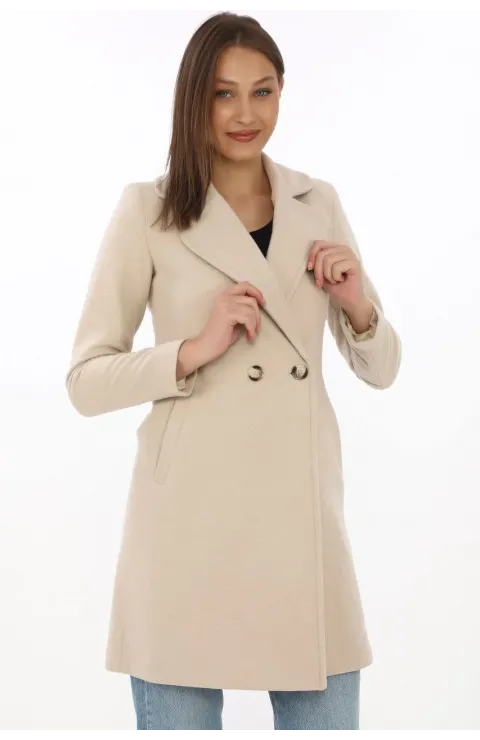 Düğmeli İçi Astarlı Kadın Kaşmir Kaşe Kaban - Bej