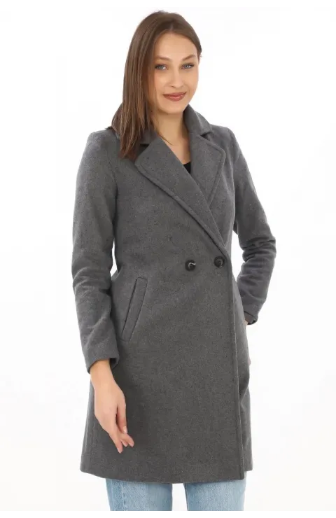 Düğmeli İçi Astarlı Kadın Kaşmir Kaşe Kaban - Füme