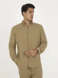 Düğmeli Tam Kalıp Uzun Kol Jakar Gömlek - Kahverengi