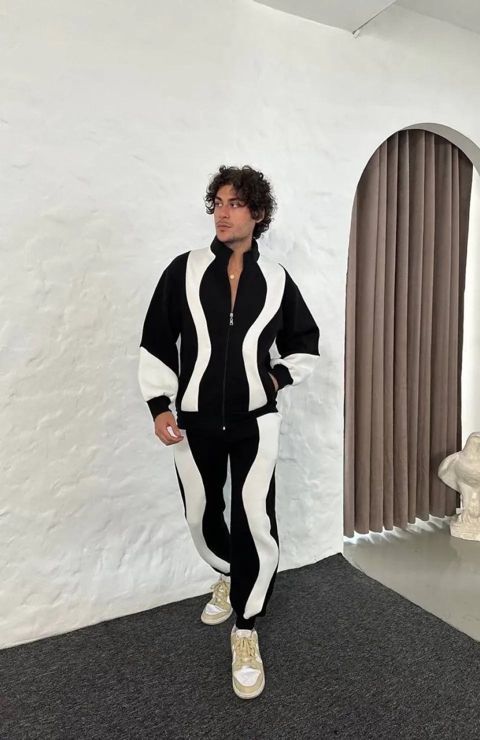 Erkek Premium Parçalı Eşofman Takım - Dik Yaka Fermuarlı Sweatshirt, - Siyah