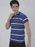 Erkek Yakalı Slim Fit Dokuma Çizgili T-Shirt - Mavi
