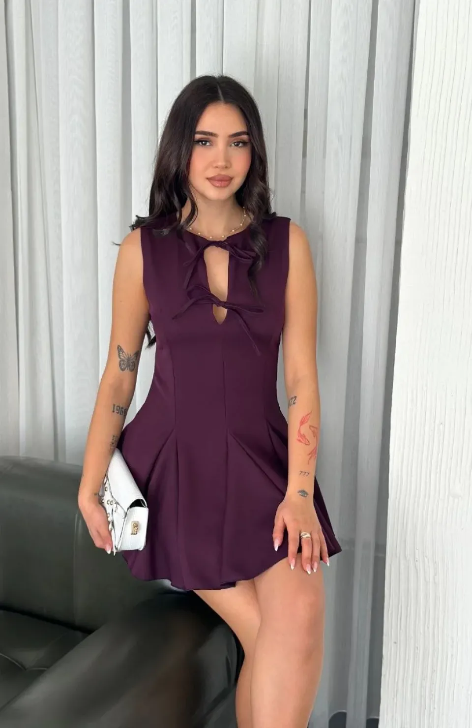 Göğüs Bağlamalı Kolsuz Mini Boy Elbise - Gül Kurusu