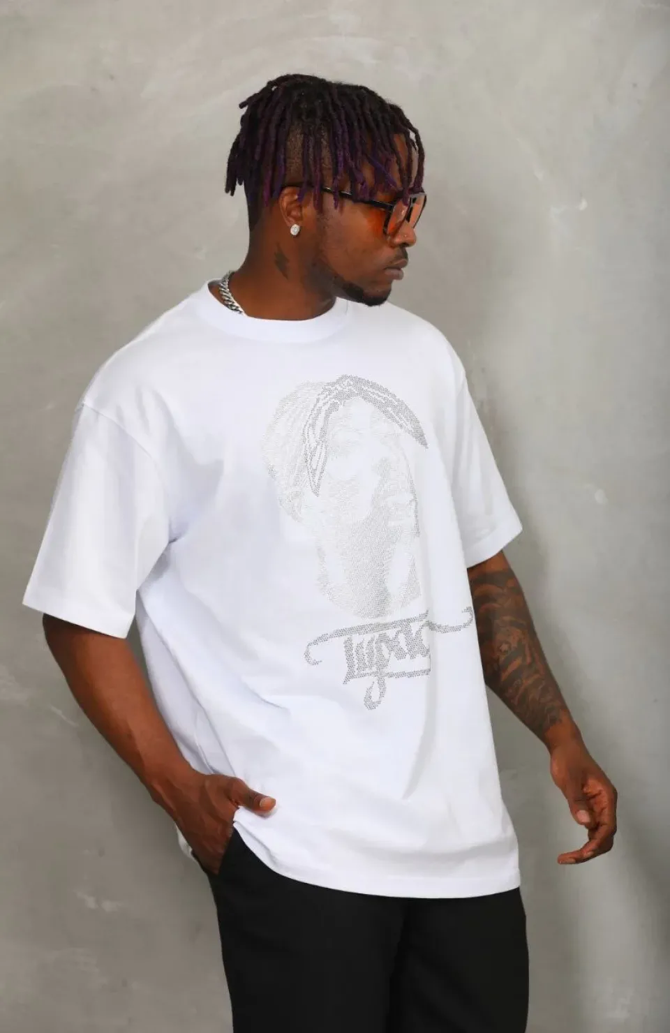 Unisex Oversize Taşlı Bisiklet Yaka T-Shirt - Beyaz