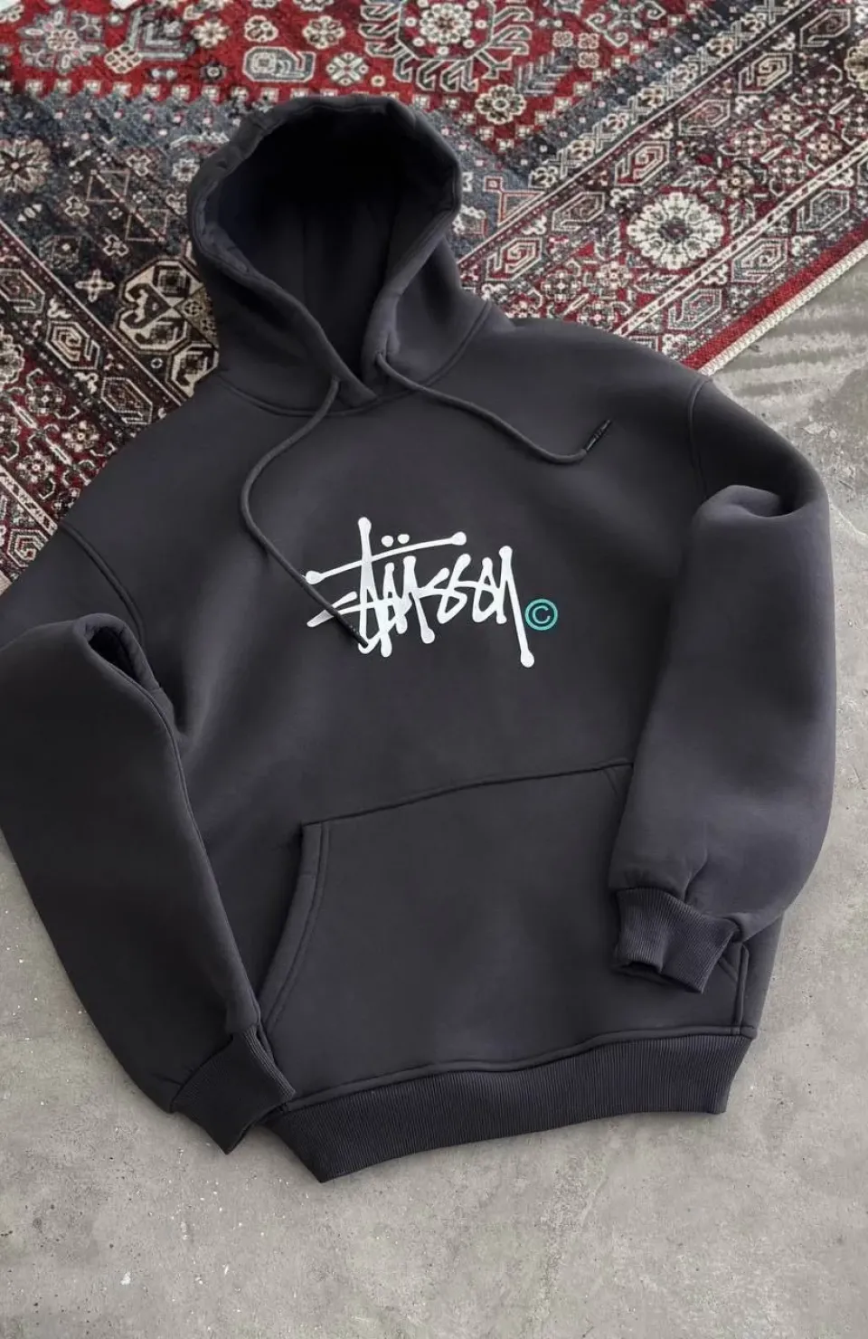 Üç İplik Kapşonlu Baskılı SweatShirt - Füme