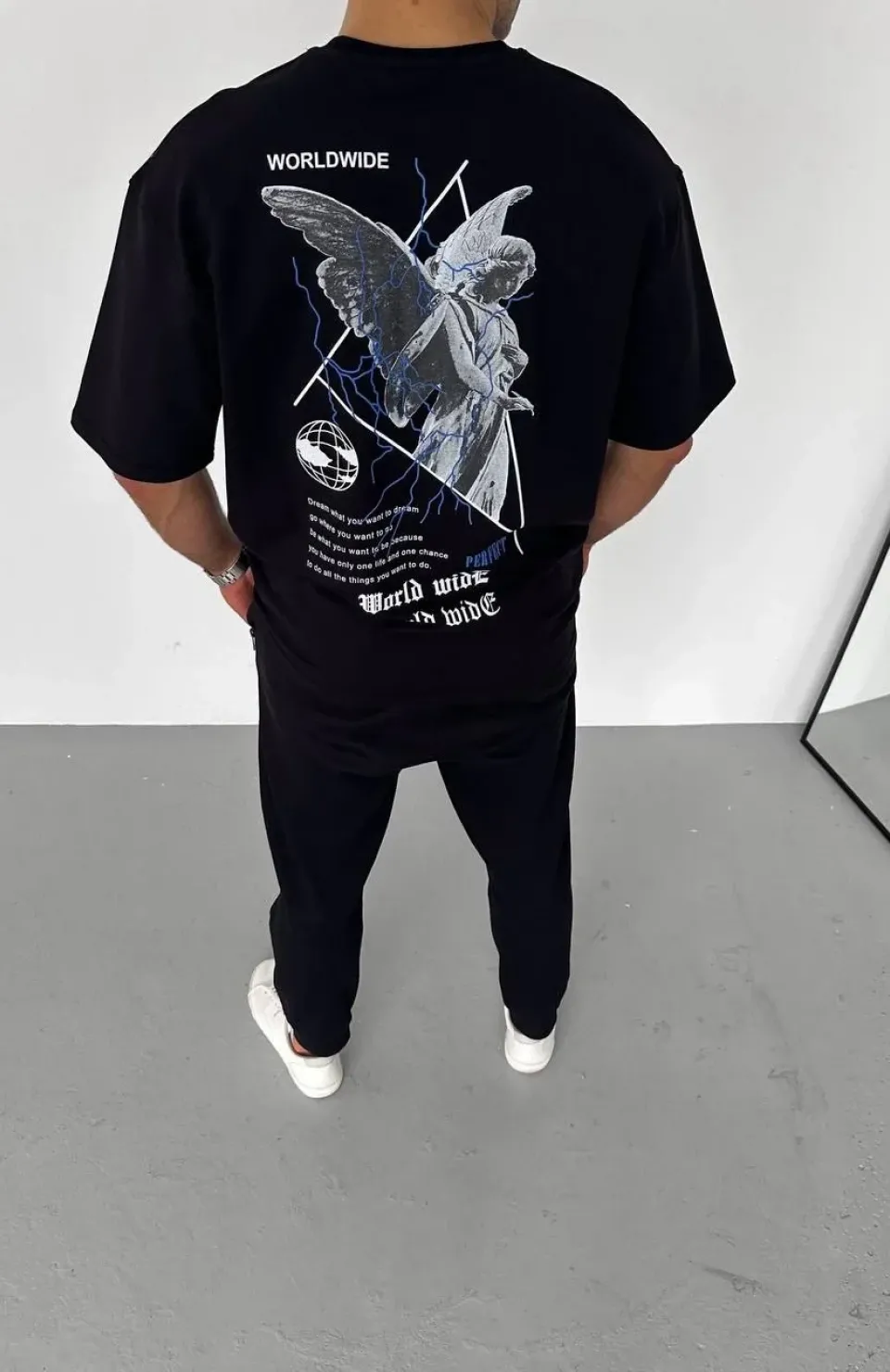 Unisex Bisiklet Yaka Baskılı Oversize T-Shirt - Siyah