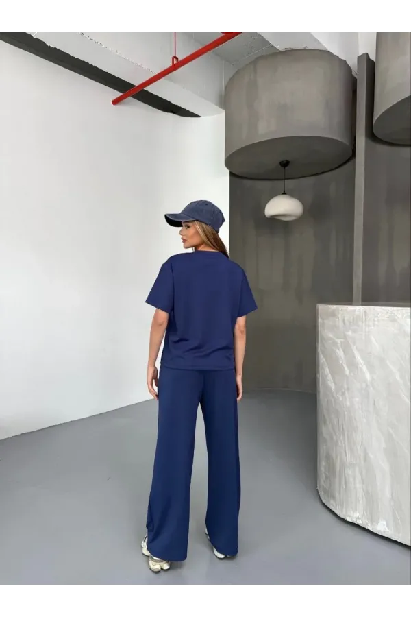 Osy Modal Yumuşak Dokulu Kumaş Kısa Kollu Bluz Rahat Pantalon ikili Takım- Lacivert
