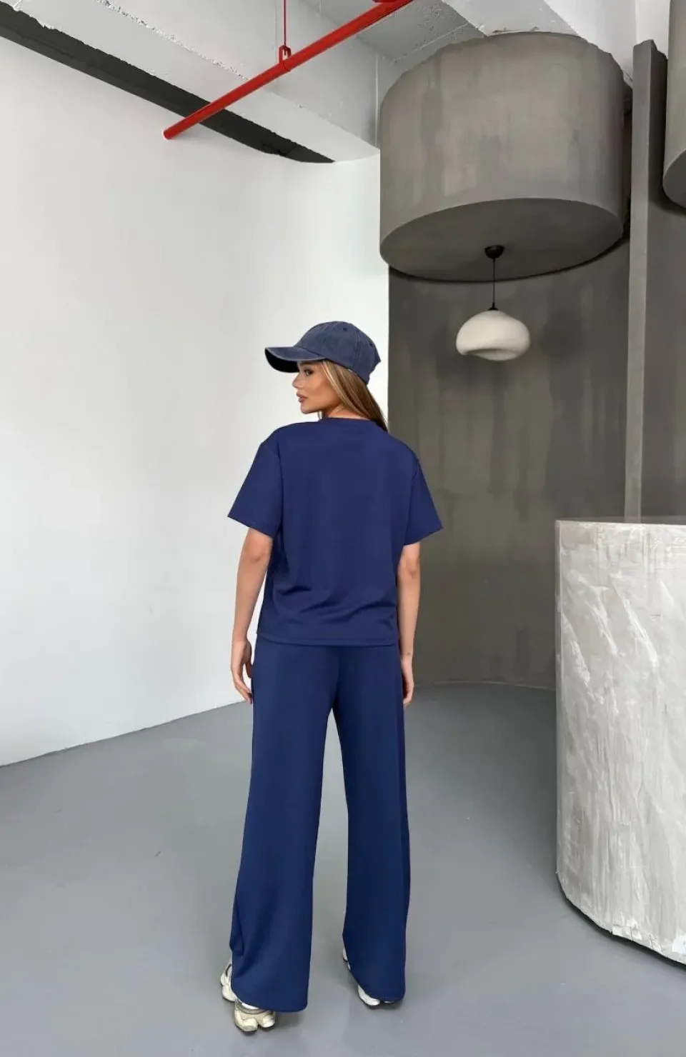 Osy Modal Yumuşak Dokulu Kumaş Kısa Kollu Bluz Rahat Pantalon ikili Takım- Lacivert