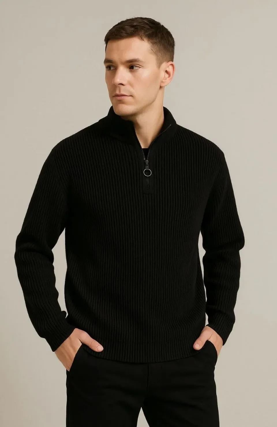 Erkek Yarım Fermuarlı Triko Kazak – Selanik Örgü, Dik Yaka, Pamuklu Dokuma, Regular Fit Uzun Kollu Kışlık Model - Siyah Somersan Giyim | Kadın, Erkek ve Çocuk Moda
