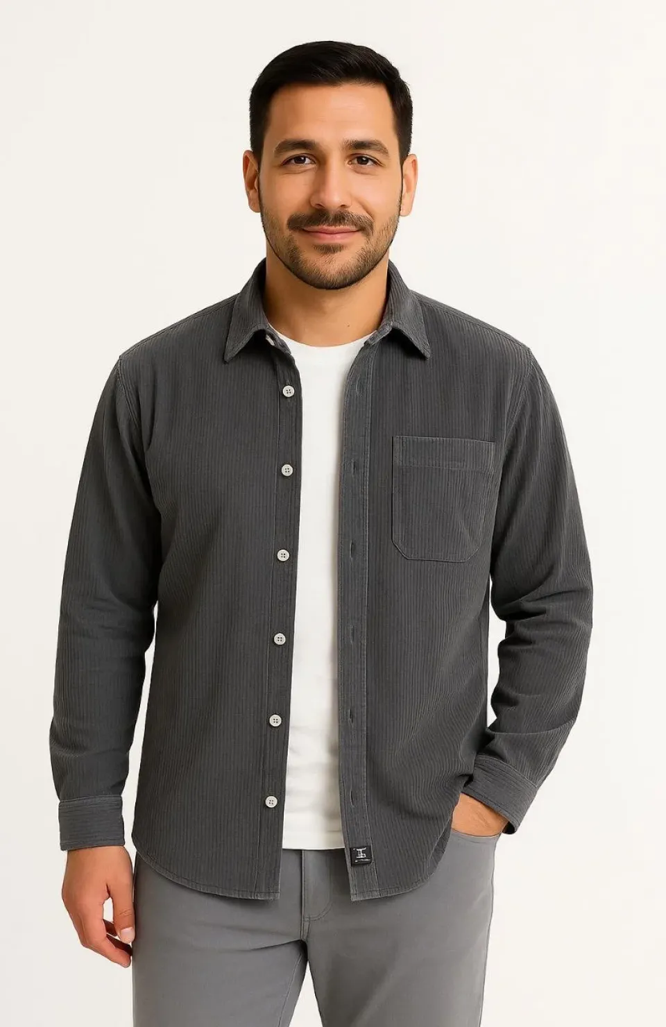 Erkek Fitilli Kadife Cepli Gömlek Oversize Rahat Kalıp - Füme