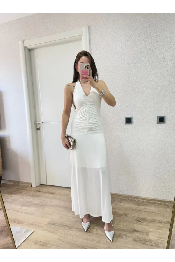 Sırt dekolteli Uzun Elbise - Beyaz