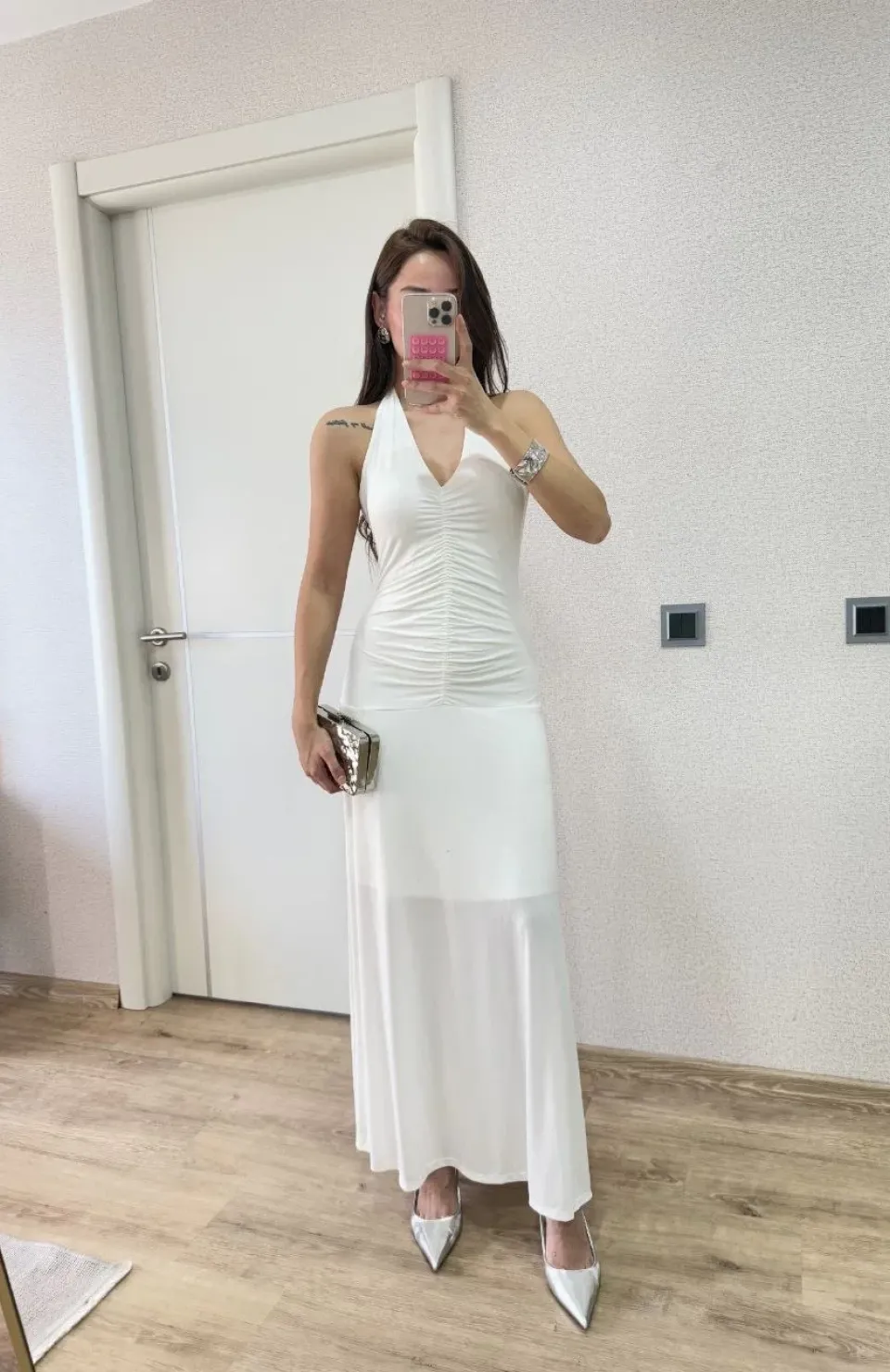 Sırt dekolteli Uzun Elbise - Beyaz