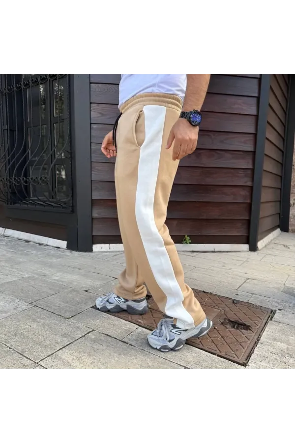 Erkek Üç İplik Kışlık Pamuklu Yandan Garneli Kalın Şeritli Cepli Eşofman Altı - Bej